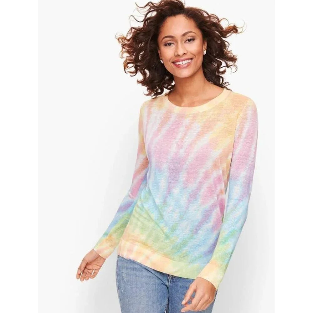 Talbots Sz M Pastel Tie-Dye Lightweight Linen Blend Long Sleeve Pullover Sweater